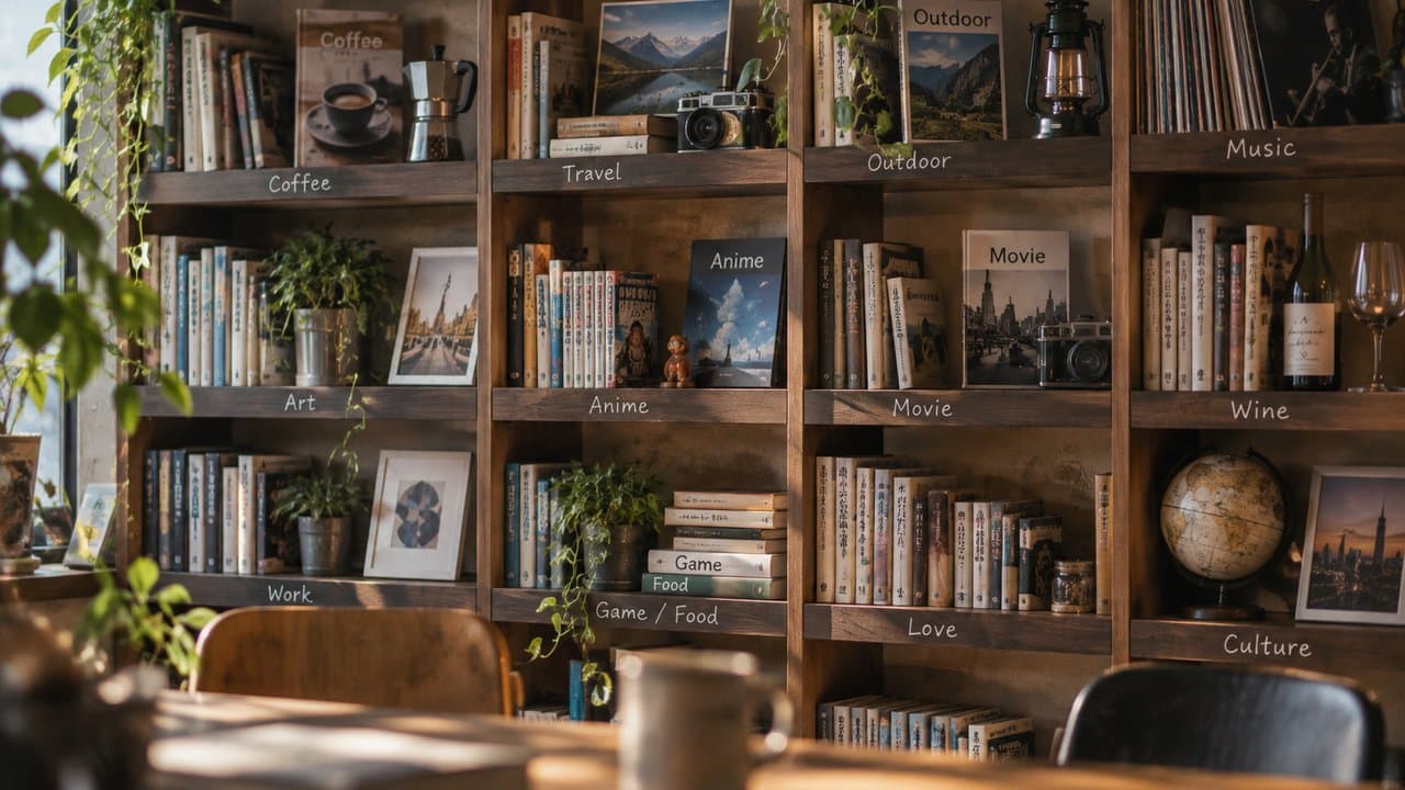 Coffee、Travel、Outdoor、Musicなど趣味のラベルが付いた本棚