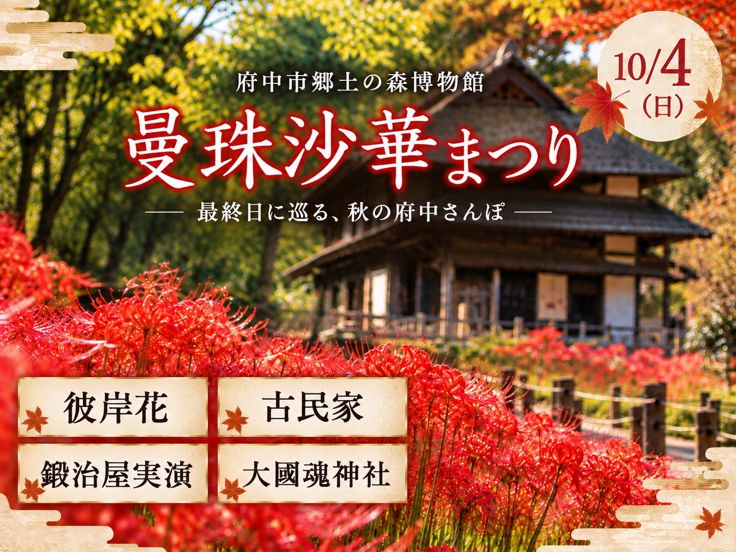 【10/4】曼珠沙華まつり最終日🍁【彼岸花】【鍛冶屋実演】郷土の森から大國魂神社秋の府中さんぽ